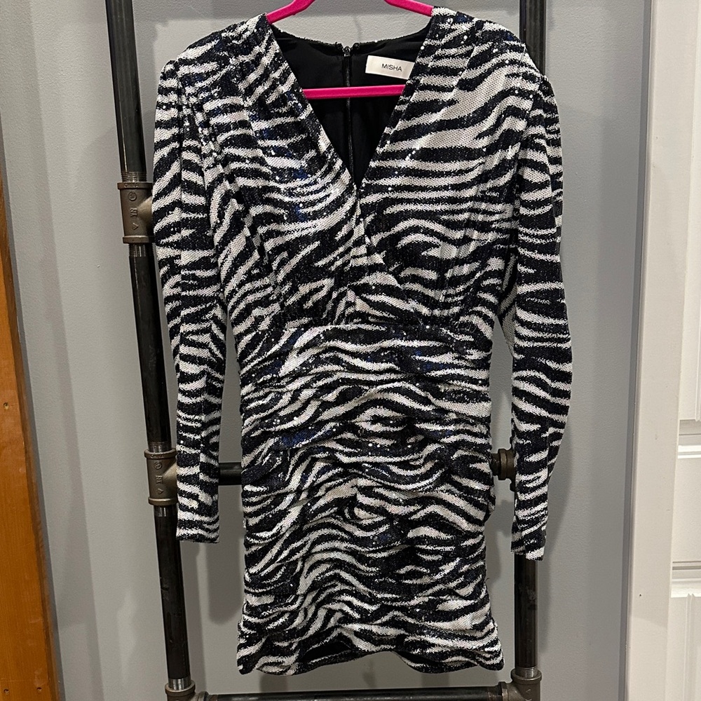 Mishka Black and White Sequined Zebra-Print Long Sleeve Mini Dress